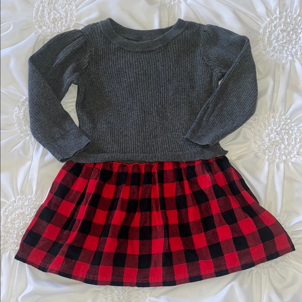 GAP Gray and Red Puff Sleeve A-Line Dress
